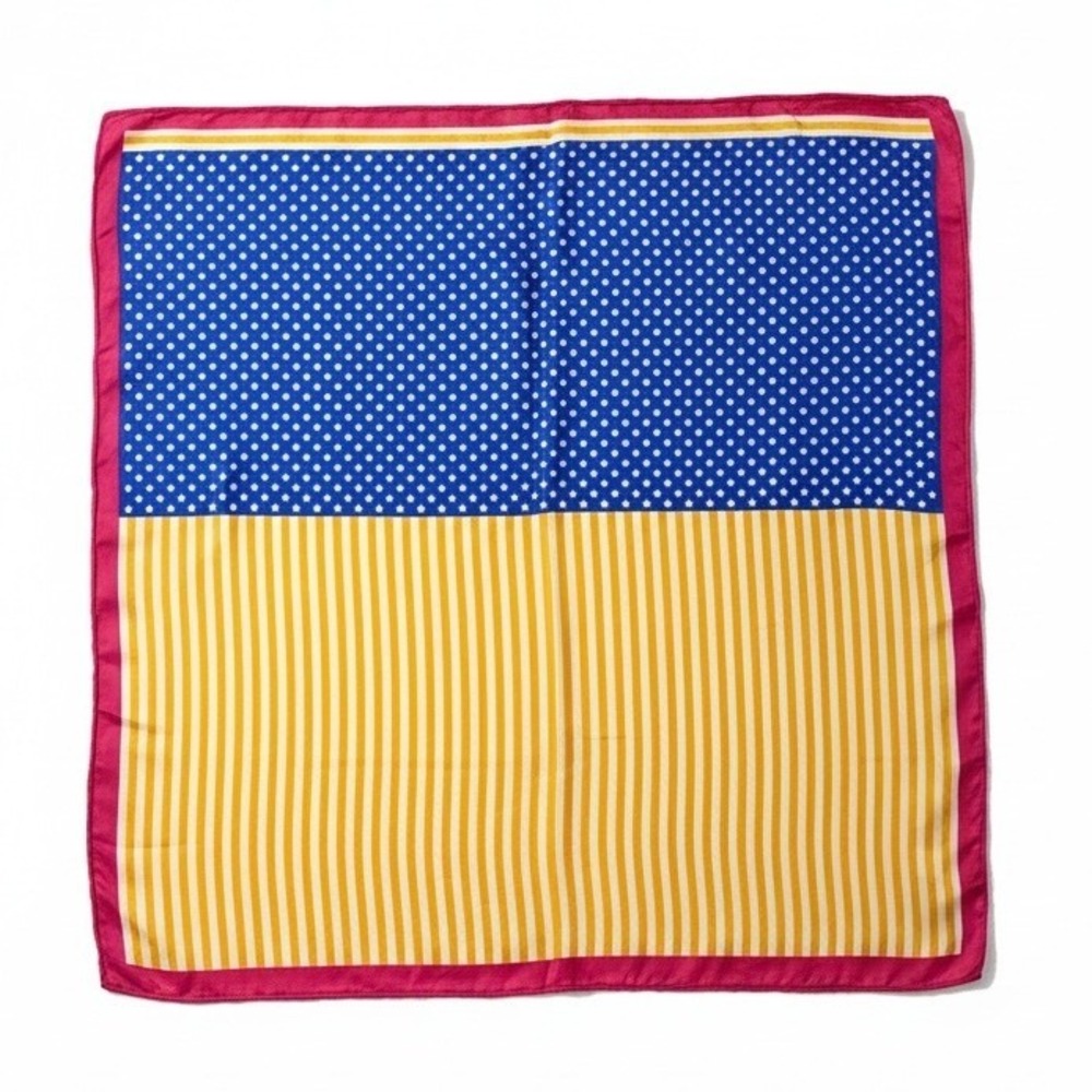 Elaine Gold Collection XIIX Silk Scarf Blue Polka Dot Yellow Stripe Pink Border